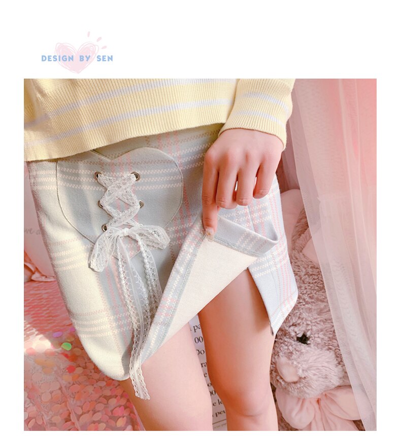 Vrouwen A-lijn Plaid Wollen Lace-Up Plisse Shorts Rok Preppy Stijl Schattige Japanse Herfst Roze Kawaii Hart Pocket Zoete rokken