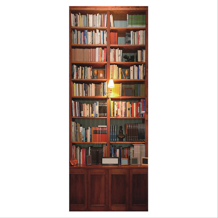 Retro Old Wooden Bookshelf Books Stair Door Wallpaper Self-adhesive Waterproof Posters Wall Sticker Mural Decals Home Decor