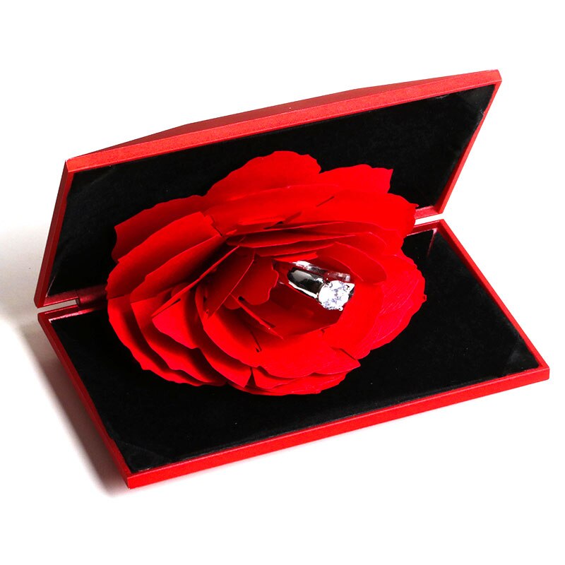 3D Rings Joyful Red Box Wedding Engagement Case Rose Flower For Love Jewelry Display Storage Holder