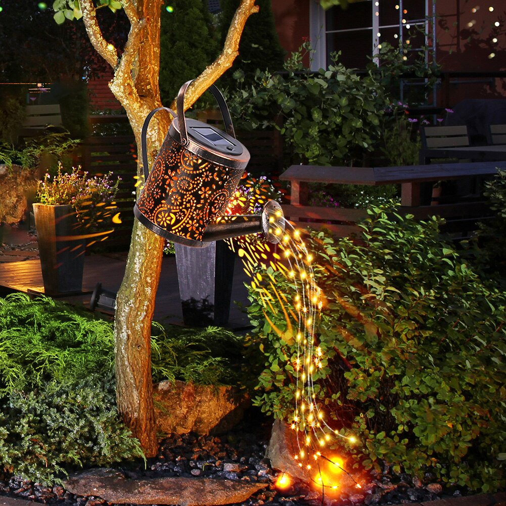 Regadera Solar para exteriores, lámpara de adorno de arte para jardín, decoración de luces LED de ducha de hierro ahuecadas, cadena de luces decorativas para jardín