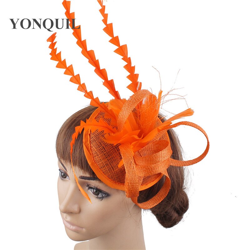 Grønn fast sinamay festfascinator lue sposa kirkehatter bryllup hårtilbehør fjærdekor hodeplagg på hårspenner syf 130: Oransje