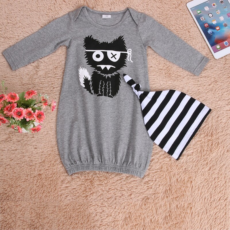 Baby Girl Boy Sleeper Newborn Baby Robes 2pcs Long Sleeve Cartoon Animal Cat Pattern Sleepwear + Stripe Hat Spring Autumn 3-6M: Default Title