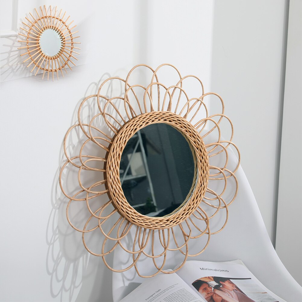 Wall Hanging Compact Space Saving Portable Home Art Deco Bathroom Interior Living Room Rattan Dressing Clear Round Mirror