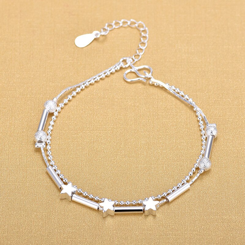 Delicado 925 prata esterlina dupla camada estrela charme pulseiras para presentes de aniversário feminino jóias
