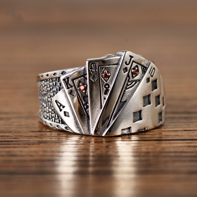 KOFSAC modisch Kreative Karte EINE K Q J Ring Für Männer Schmuck Jahrgang Öffnen Größe 925 Sterling Silber Ring Junge Party Zubehör