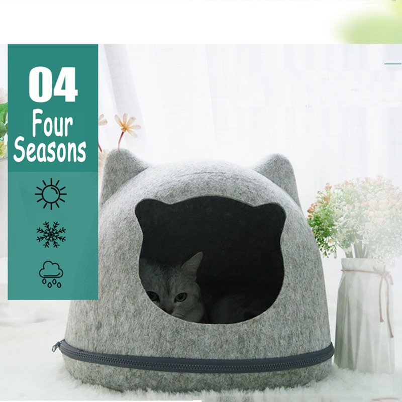 Kat kæledyrshus seng aftagelig naturlig filt katteseng åndbar kat kæledyr hulekat sengehus med pude til kæledyr katte kæledyrshjem