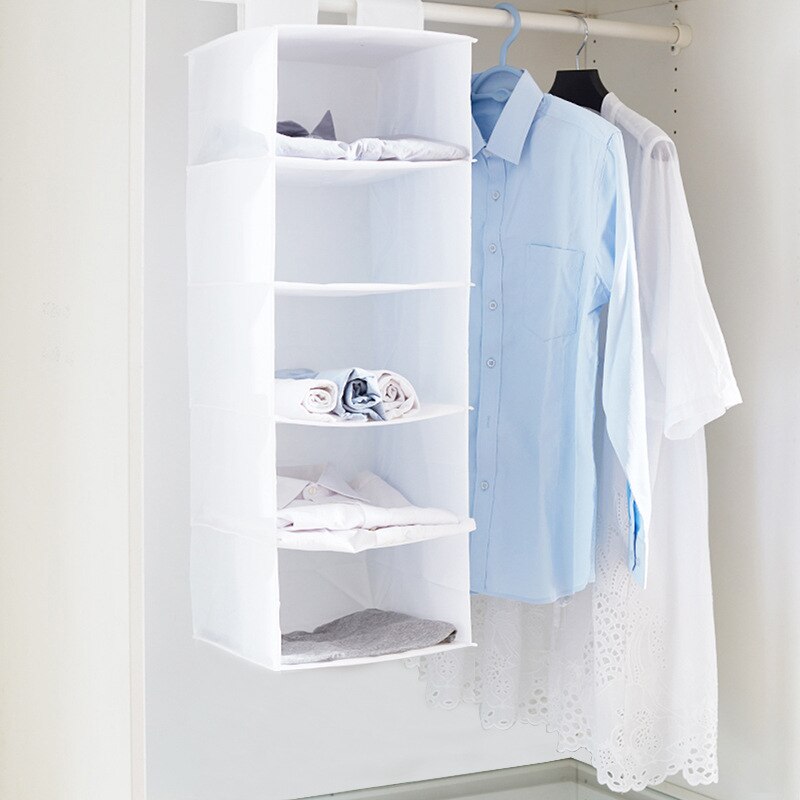 White 5 Layers Hanging Storage Bag Closet Wardrobe Organizer Bedroom Clothing Organizer For Closet Oxford Fabric Room Organizer: Ivory