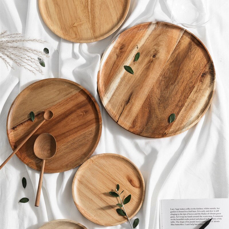 2 Japan-Style Rubber Wooden Tray Acacia Mangium Tableware Household Simple Solid Wood Disc Steak Cake Snack Healthy Wooden Dish
