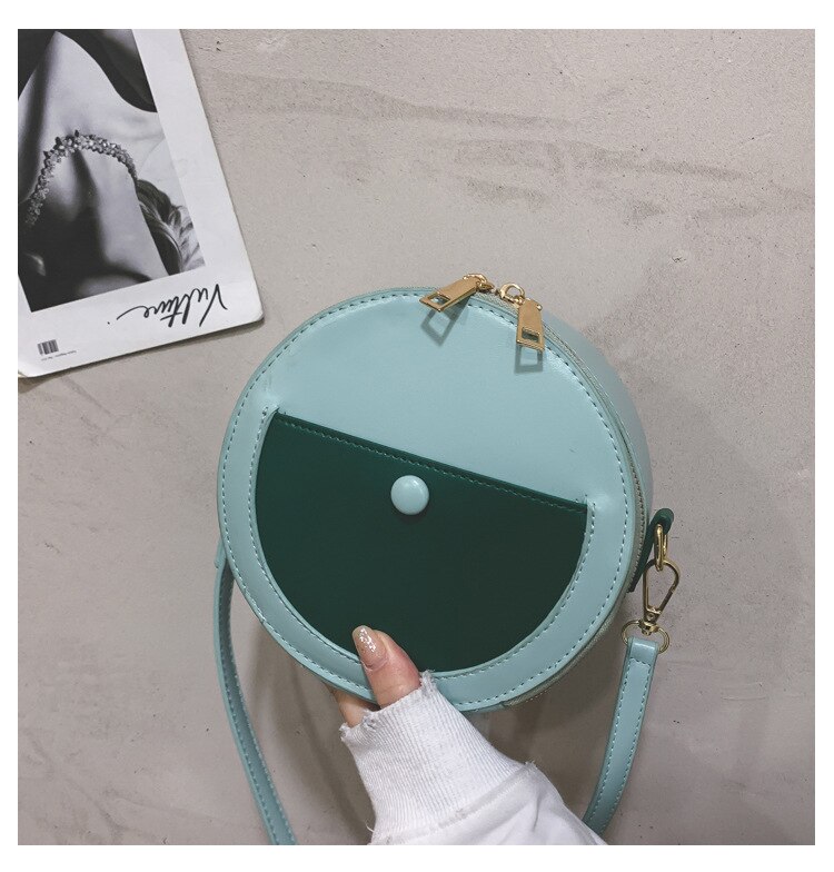 Small Round Shoulder Bag - PU Leather - Single Strap - Zipper Closure - Casual Tote: Green