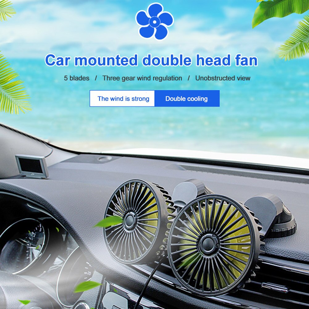 Ventilación automática rotación verano bajo ruido salida de aire doble cabeza ventilador de coche Puerto USB