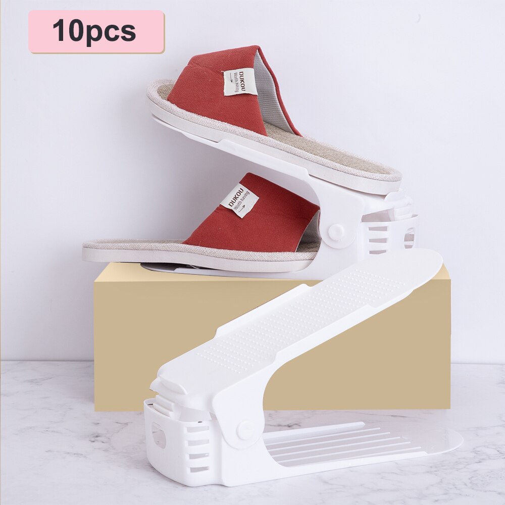 10pc Double Layer Adjustable Shoe Rack Organizer ShoeBox Footwear Support Slot Save Space Closet Shoes Storage Rack Stand Shelf: 10pcs-white