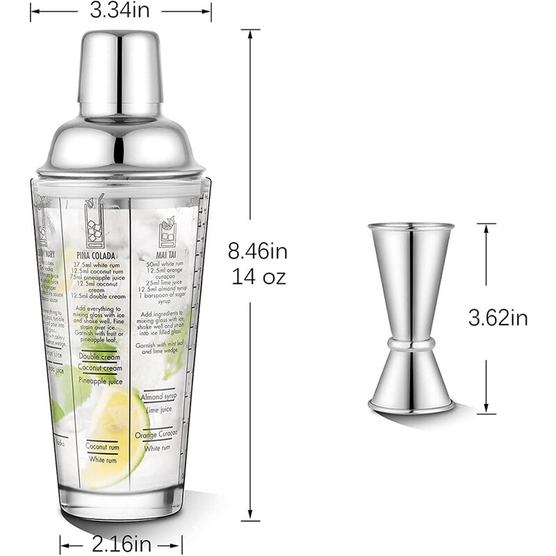 Glass Cocktail Shaker Printed with Recipes,14Oz Martini Shaker with Double Measuring Jigger, Drink Shaker,Bartender Kit