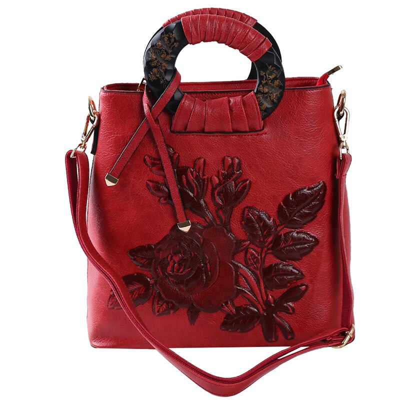 Sac à main rétro à motif de fleurs rouges pour femmes, asymétrique épaule, sacoche en cuir gaufré, sacoche seau, sacoche chinoise,: red