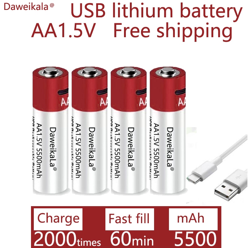 Daweikala-Batería de iones de litio recargable por USB para juguetes, reloj con termómetro, reproductor MP3, teclado, AA, 1,5 mah, 5500 V