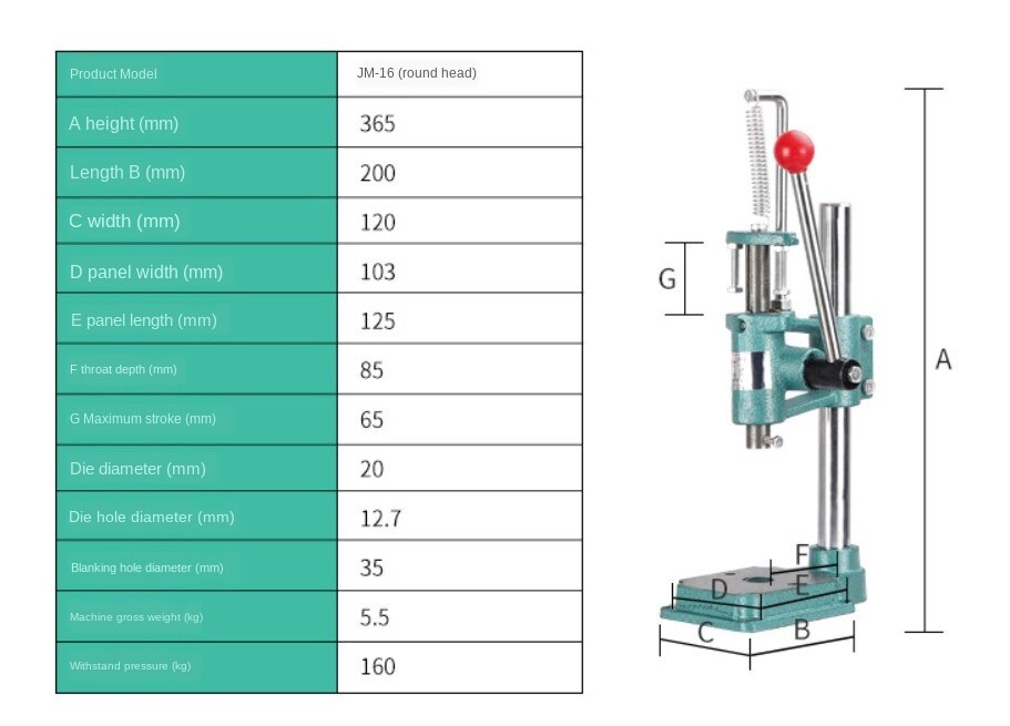 Mała prasa ręczna ambona przemysłowy mikro wykrawarka prasa regulowana wysokość JM-16 kwadratowa głowica okrągła prasa aluminiowa biegun: JM16 okrągły