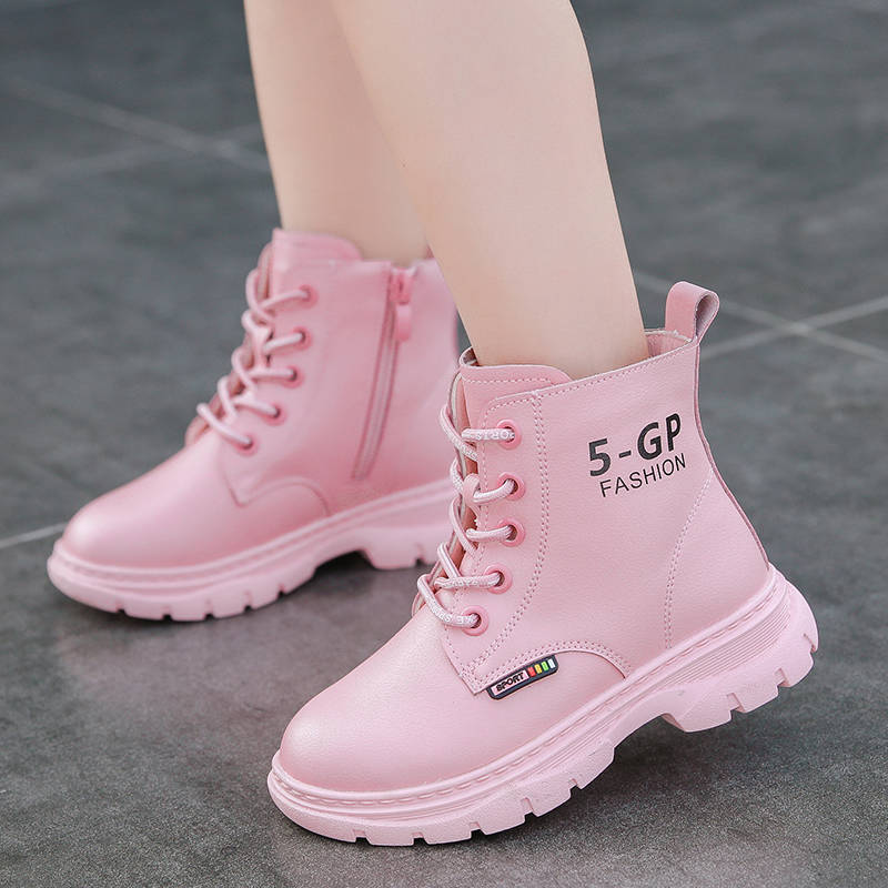 Herfst Kids Laarzen Meisjes Lederen Schoenen Effen Kleur Mode Kinderen Enkellaarsjes Antislip Martin Laarzen Roze Zwart korte Laarzen: pink / 33 inner 20.6cm