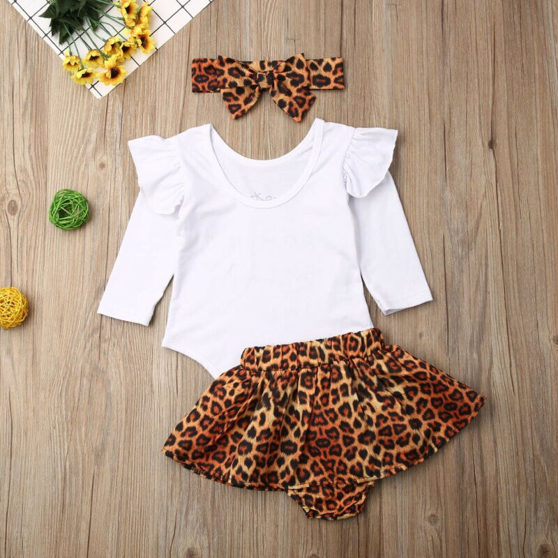 Toddler baby pige tøj langærmet brev print romper toppe + leopard nederdel + pandebånd efterår 3 stykke sæt outfits