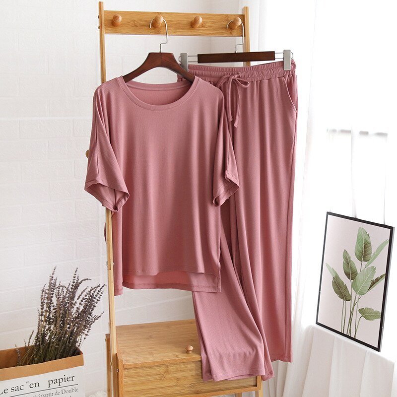 Plus size modal algodão conjunto pijama feminino solto casual homewear terno 2 pçs roupas de verão em casa senhoras manga curta pijamas terno: Rosa / L