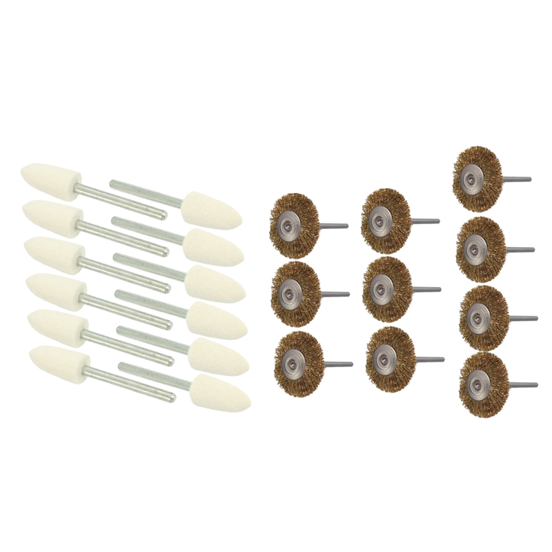 12 Pcs Polishing Buffing Tool 8.5Mm Conical Mounted Felt Bobs 3Mm Shank &amp; 10 Pcs Brass Wire Brush Round Brush Disk Brush Cup Bru