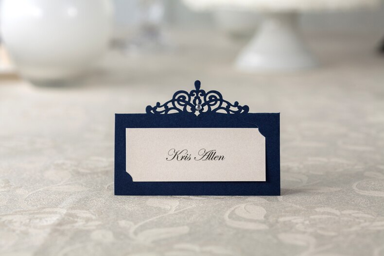 Portatarjetas de lugar azul marino, centro de mesa, configuración de nombre y número, decoración para banquete de boda, tarjetas e invitaciones para eventos y fiestas