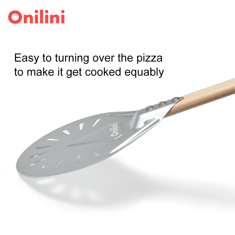 Onilini 7/8/9 inch Perforated Pizza Peel Anodized Wooden Handle Short Pizzas Shovel Pizza Shovel Paddle with Free Spoon