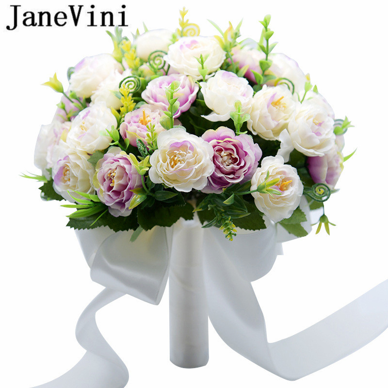 Janevini lichtpaars kunstmatig pioenroos bruidsboeket met lint en zijden bloemen, bruidsboeket met parels en broche
