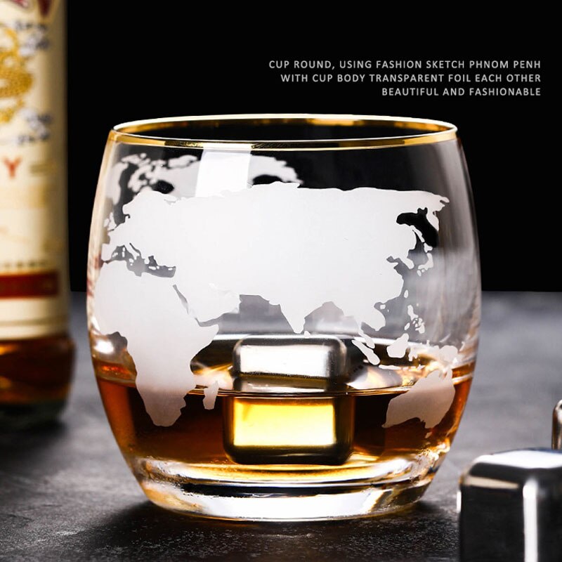 250 ML Whiskey Glass Etched Globe Glass for Vodka Rum Scotch Glass World Map Rocks Glass for