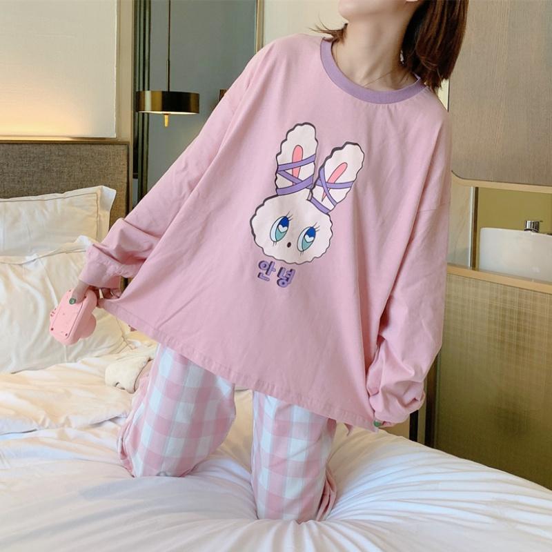 Pajamas Women Casual Autumn Long-Sleeved Round Neck Purple Collar Pink Rabbit Head Pink Lattice Pants Pajamas Set M-Xxl