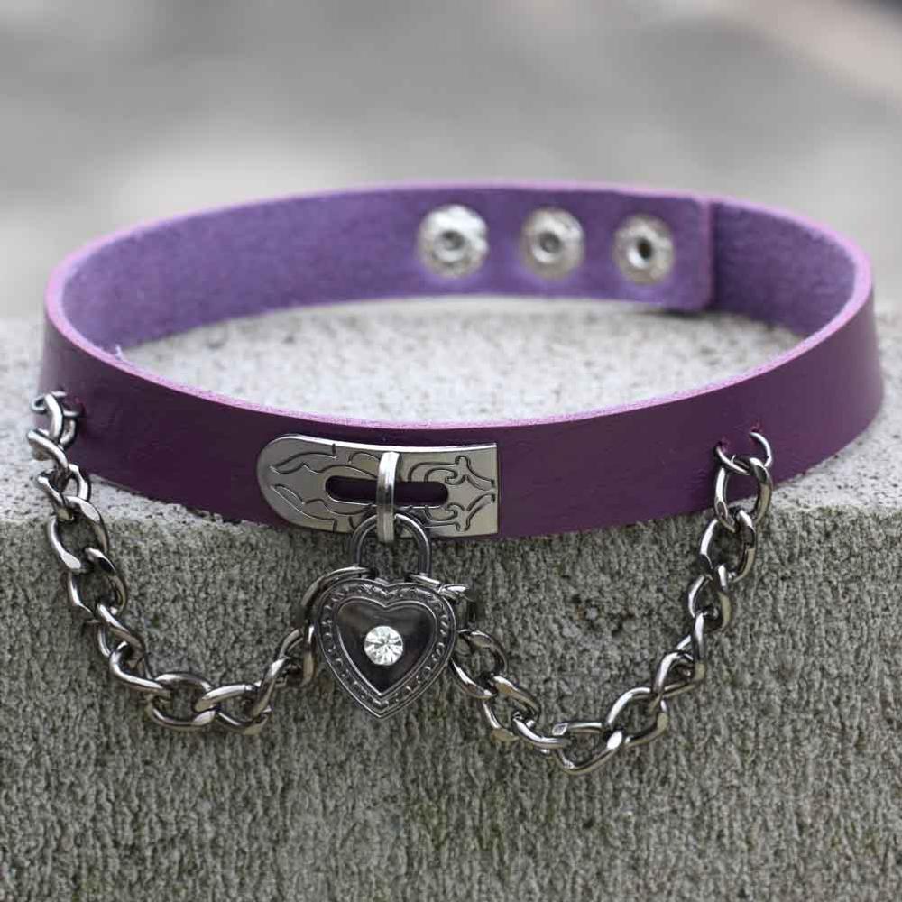 Punk Herz Anhänger Kette Spike Kragen Gothic Leder Halsband Schnalle Halskette: purple