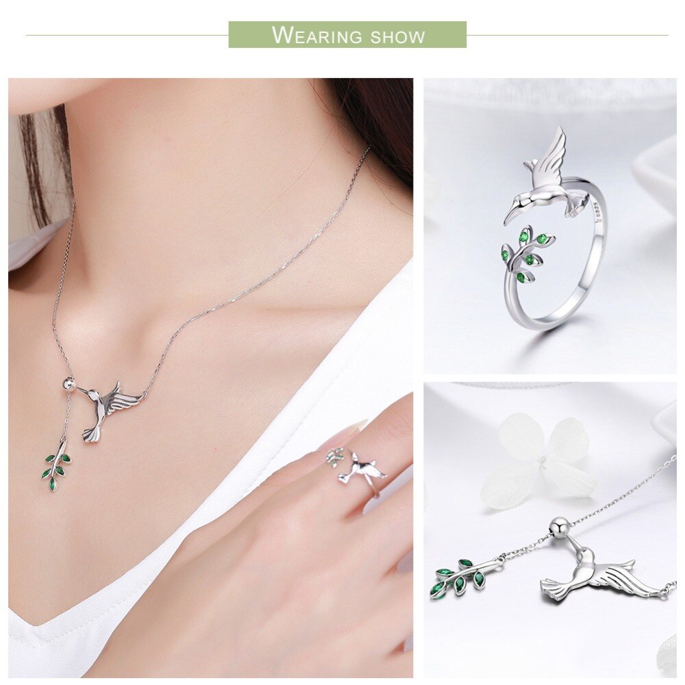 BISAER Schmuck einstellen 925 Sterling Silber Vogel Kolibris Gruß Kragen Anel Schmuck setzt Für Frauen Ohrringe Schmuck