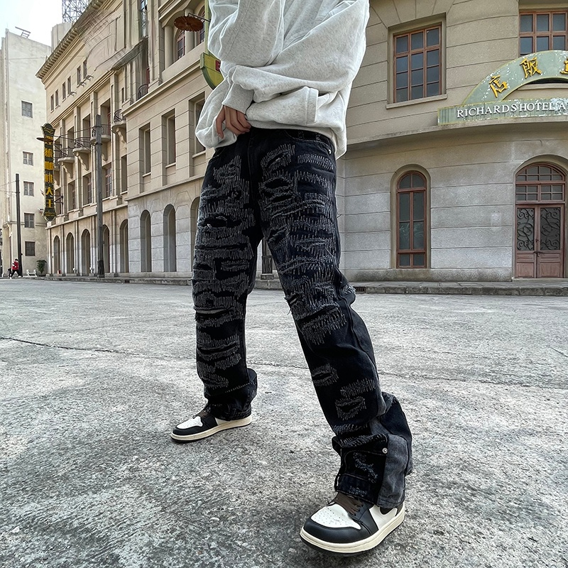 High Street Patchwork Jeans Men Black Hip Hop Streetwear Punk Denim Pants Harajuku Oversized Ripped Straight Loose Trousers