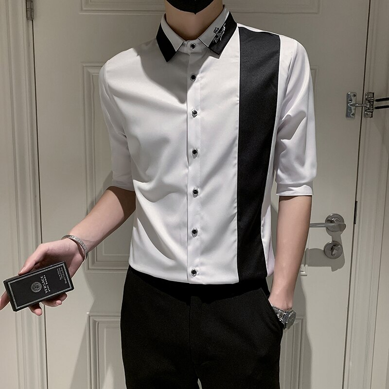Patchwork Color Half Sleeve Men Casual Shirts Dress Streetwear Spring Summer Slim Fit Club Tuxedo Camisas De Hombre