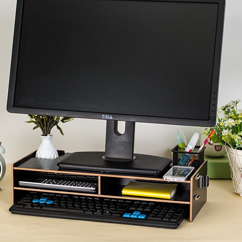Wood Assembled Monitor Stands with 2 Drawers Office Table Storage Organizer Keyboard Computer Screen Rack Laptop/Screen Bracket