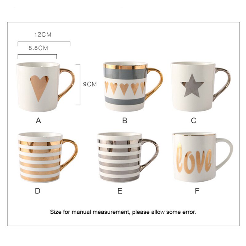Golden Ceramic Mug Porcelain Coffee Mug China Bone Milk Tea Cup Love Heart Stripe Coffee Cup Drinkware