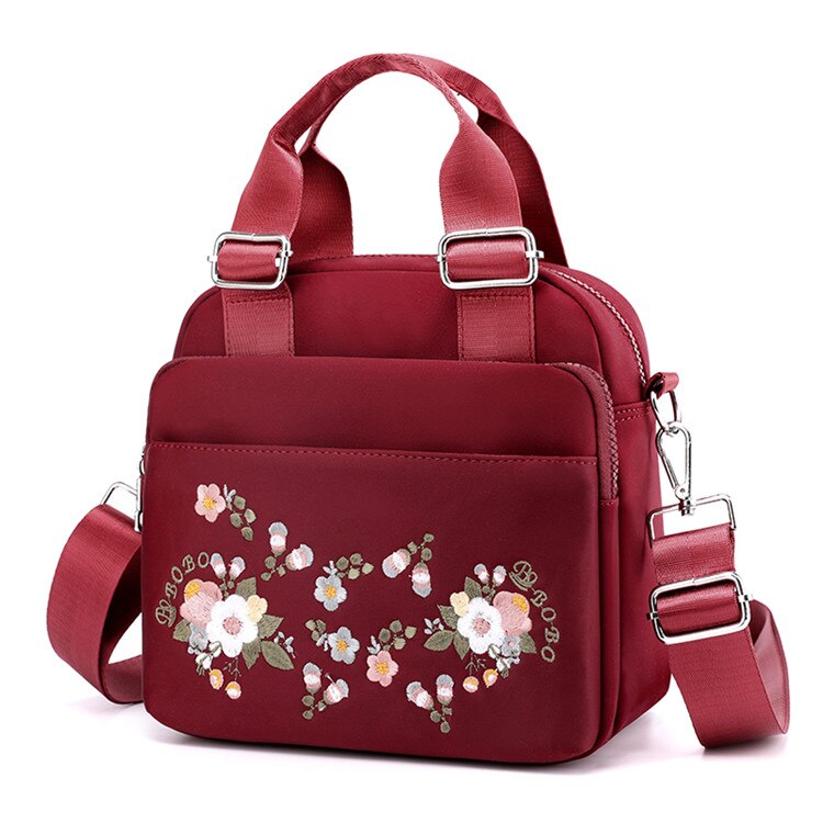 Marca multifuncional bolsas femininas bordados flores tote bolsa de ombro das senhoras mão crossbody sacos náilon bolsa: Red wine