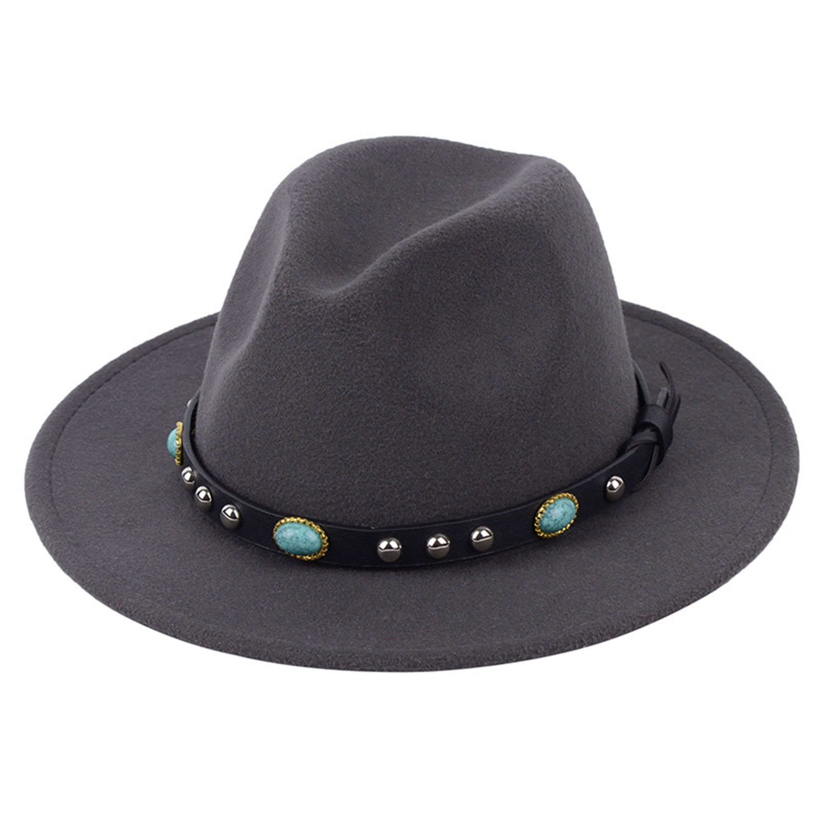 Sombrero de fieltro Vintage estilo inglés para hombre y mujer, Fedora de fieltro de lujo, hebilla de cinturón ancha, gorros con visera vaquera, sombrero de Jazz: Gris oscuro