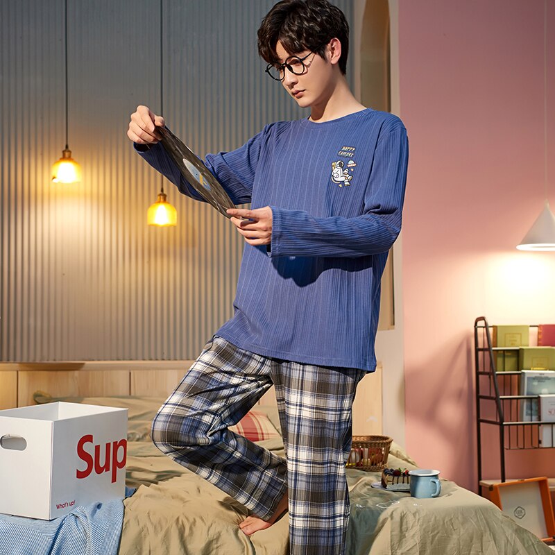 SONG Spring Pajamas Sets 2 Pieces Combed Cotton Long Sleeve Trousers Casual Teenagers Home Men's Pyjamas