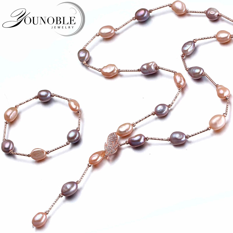 Younoble Barokke Bruids Sieraden Sets, Boho Wedding Vrouwen Sieraden Set Multicolor Zoetwater Natuurlijke Ketting Armband Beste Cadeau