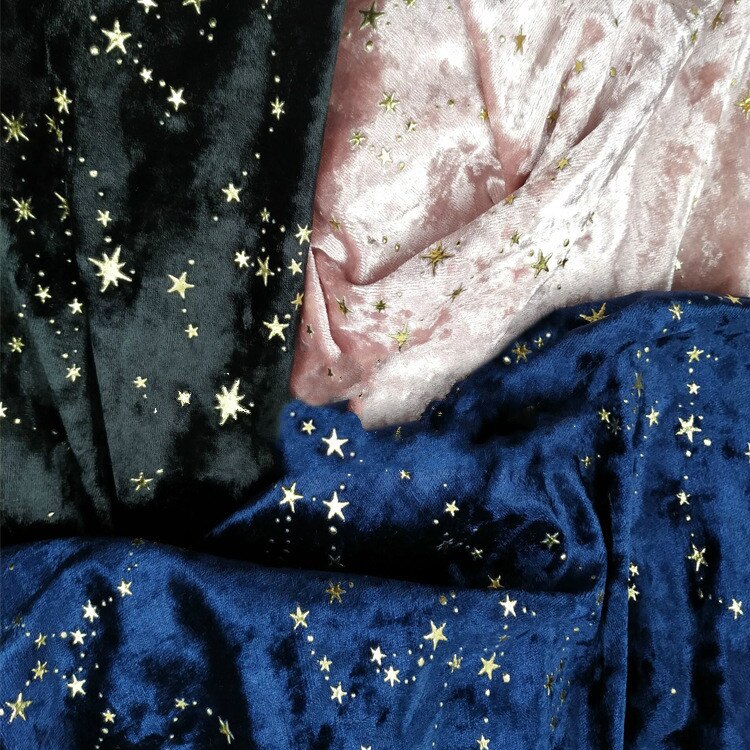 Blødblå glitter bronzerende stjerner knust fløjlstof til kjole stof i meter, lyserød, sort 145cm bred