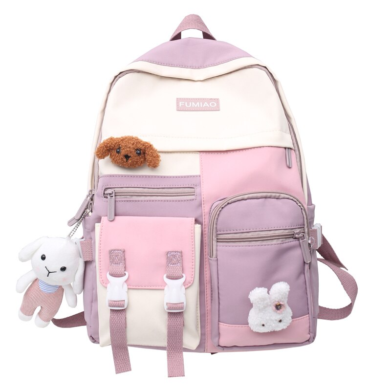 Trendy Colorful Women Travel Backpack Waterproof Nylon School Backpack for Teenage Girls Boys College Book Laptop Rucksack: Pink / with pendant