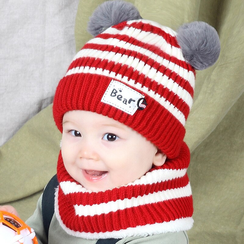 Conjunto de gorro y bufanda para niño y niña, gorro cálido para bebé, gorro tejido a rayas con oso, bufanda, accesorios de invierno, gorrito, Color caramelo: Rojo