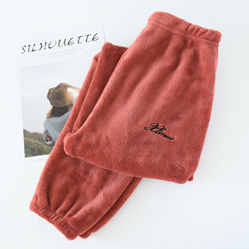 Sömnbyxor dam flanell vinter mjuk varm bekväm pyjamasbyxa dam fritid sömnbyxor par koreansk stil trendig: Brunröd / M