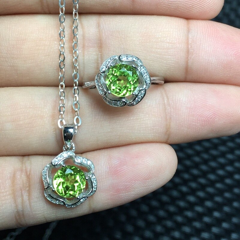 KJJEAXCMY gioielli Peridoto Naturale delle Donne Del Pendente + impostato di Anelli in Argento sterlina intarsio