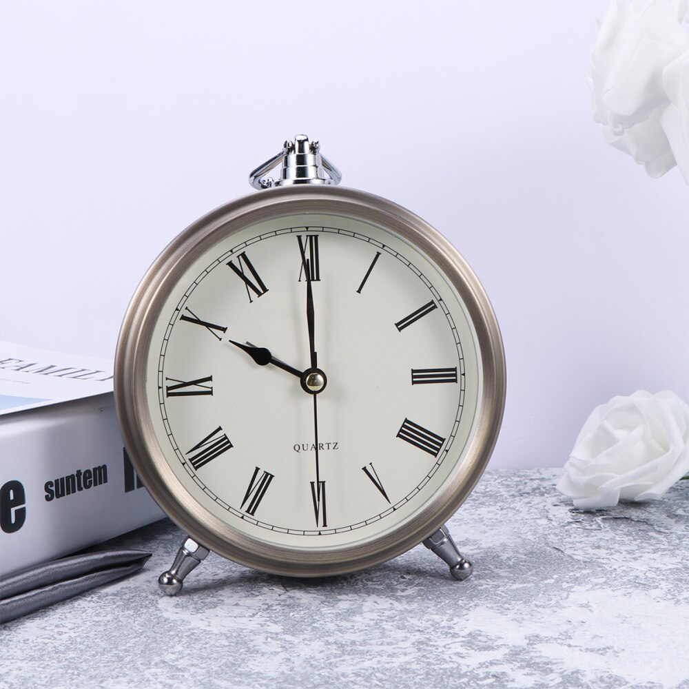 Metal Alarm Clock Roman Numerals Table Bedside Silent Alarm Clock without Battery