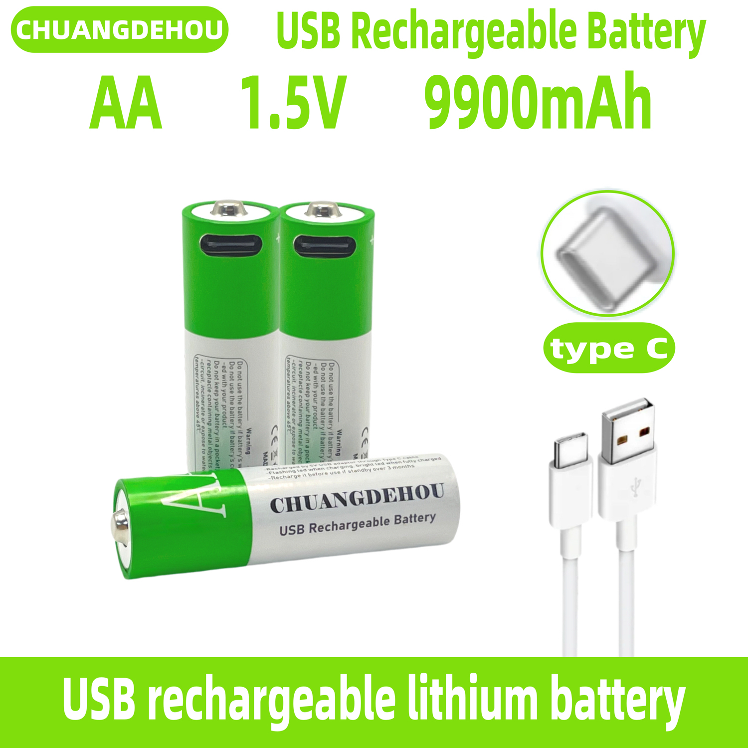 Oppladbart merke aa-batteri 1.5v x 9900 mah med stor kapasitet, type c, hurtiglading, mus/leketøy/digitalvekt/fjernkontroll, universell, resirkulerbar 2000 ganger + ekstra lang batterilevetid