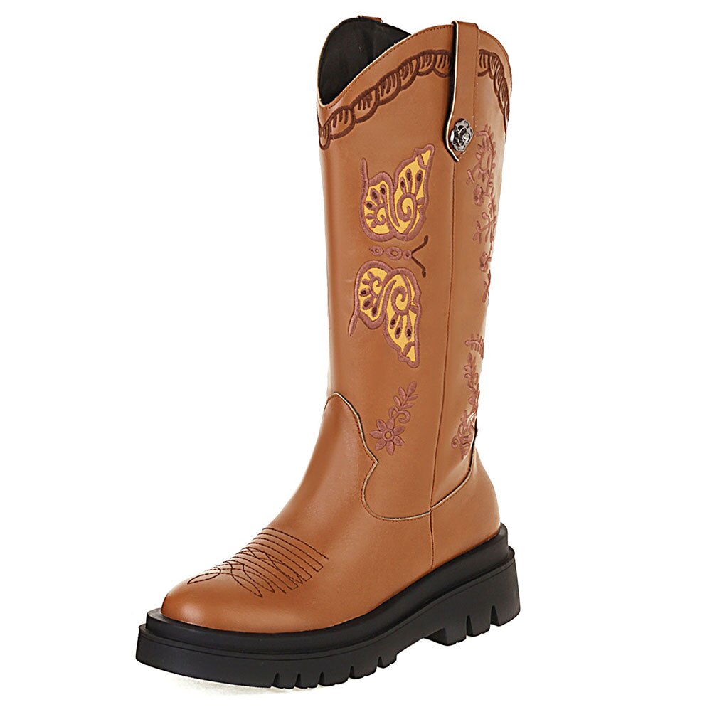 Y2K – bottes occidentales Vintage à talons épais pour femmes, chaussures brodées à plateforme: Brown / 5