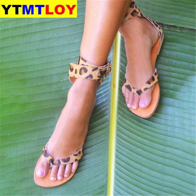 Flat Shoes Women Ins Leopard Gladiator Sandals Low Heel Beach Buckle Strap Ankle Strap Flat With