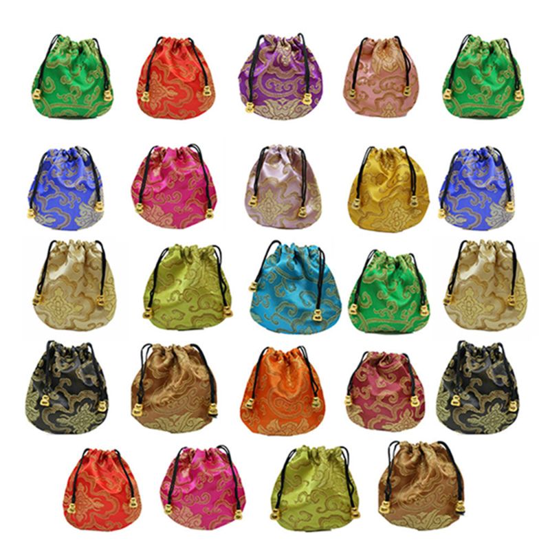 24pc Silk Brocade Jewelry Pouch - Small Satin Coin Purse with Chinese Embroidery Drawstring