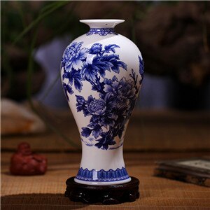 Jingdezhen Blå og Hvit Porselensvase - finne Benporselensvase med Peon - Keramikkvase: D