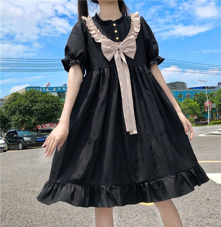 Japansk mørk sød sløjfe slankekjole kvinder sommer stil fe kjole teselskab lolita kjole sød lolita dukke